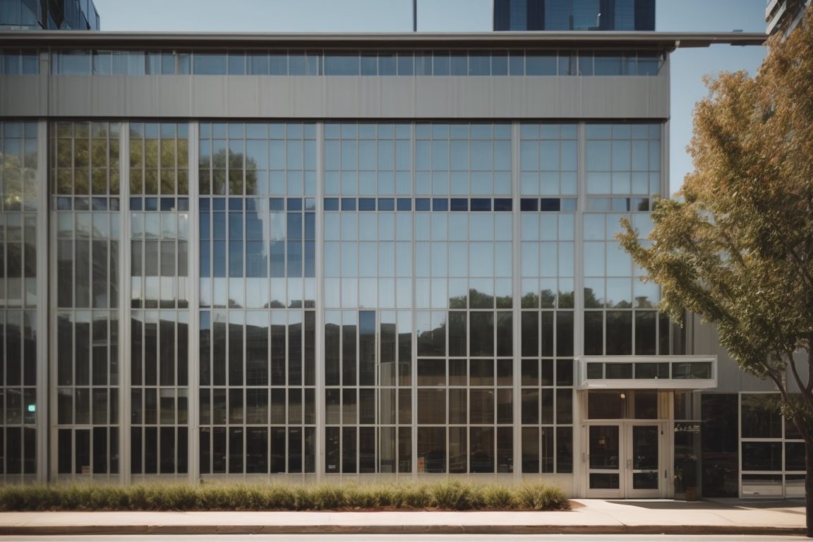 Exterior of commercial building with opaque windows and sun reflection