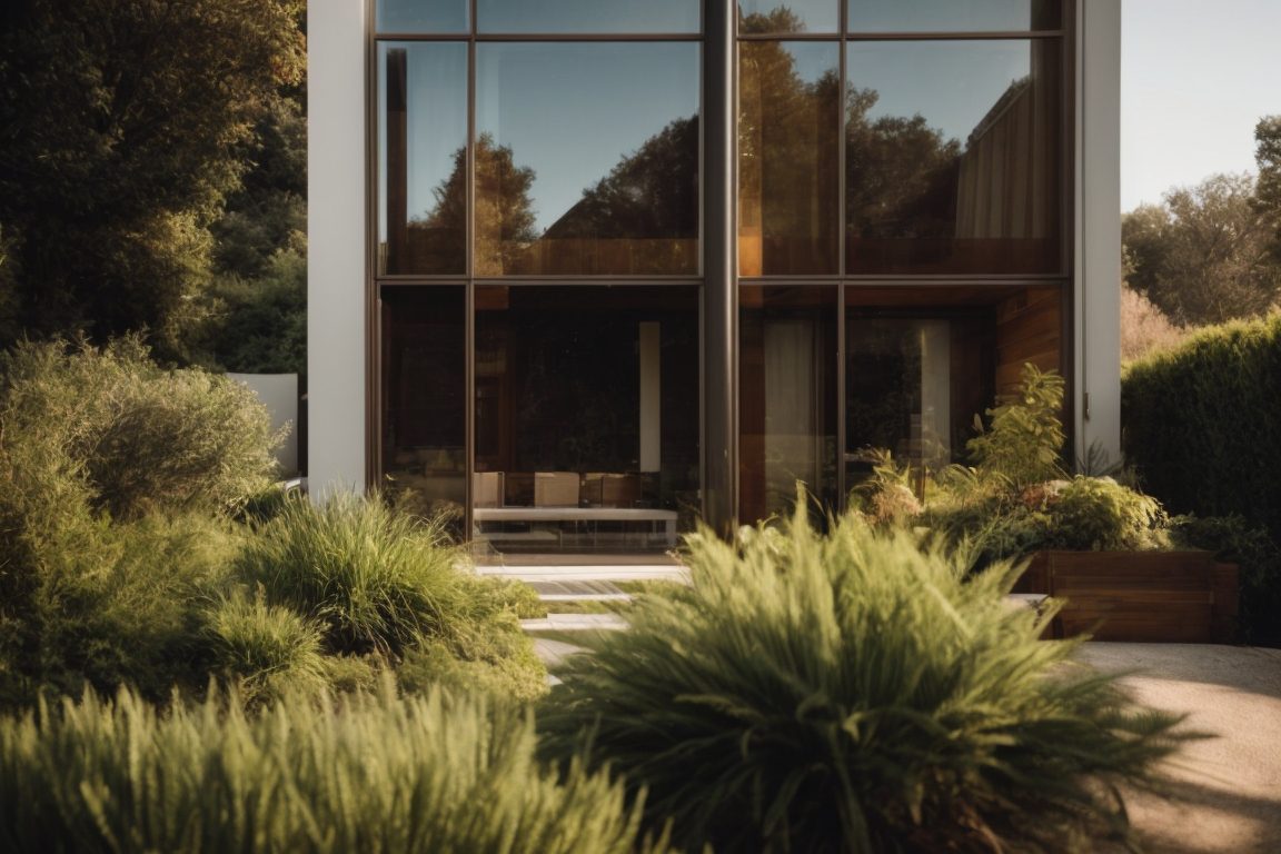 Modern home with residential window film installation reflecting sunlight
