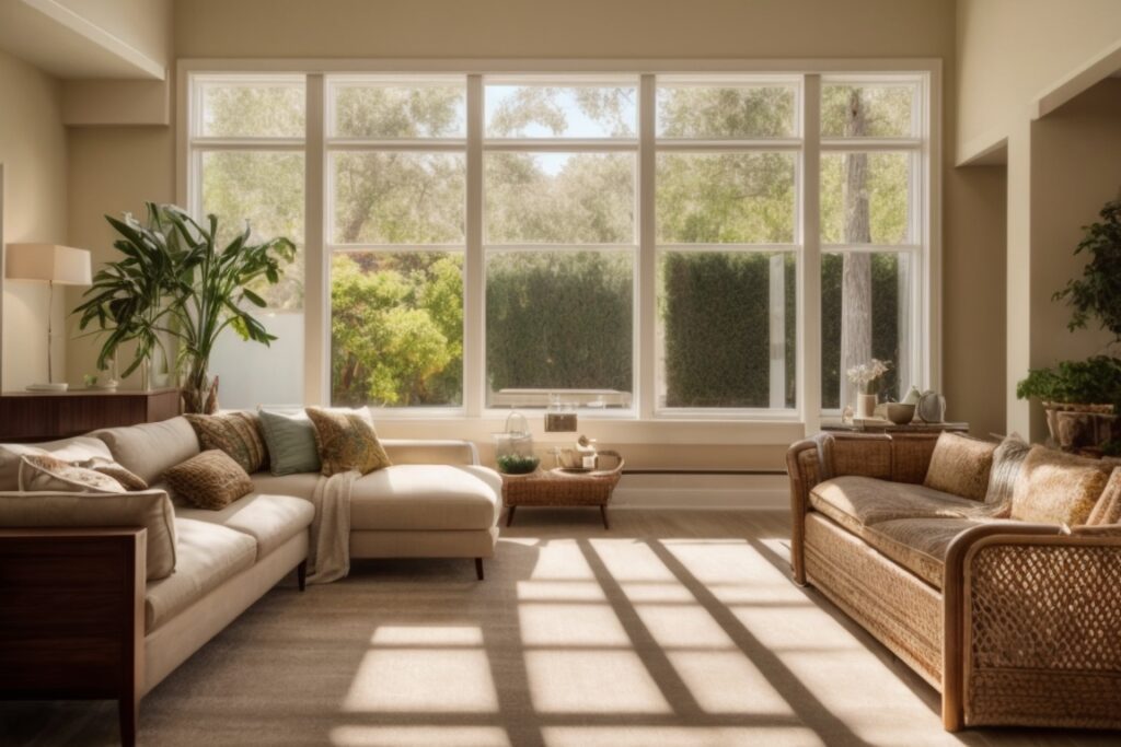 Sacramento home interior with patterned window film, sunlit room, protected furnishings