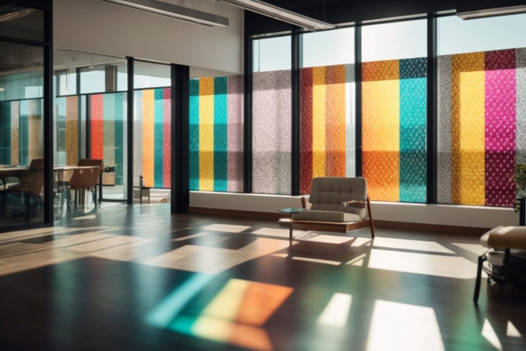 Interior of a modern office with colorful patterned decorative film on windows, sunlight filtering through