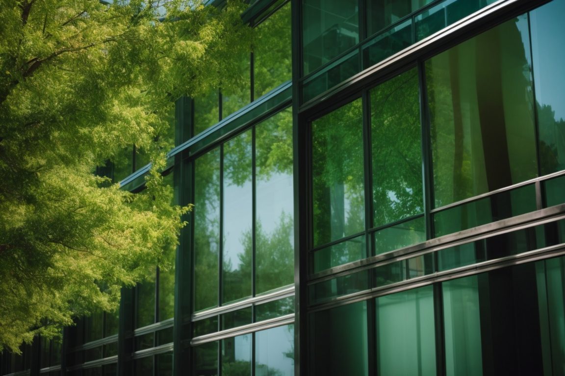 Sacramento office building with reflective window films and green trees