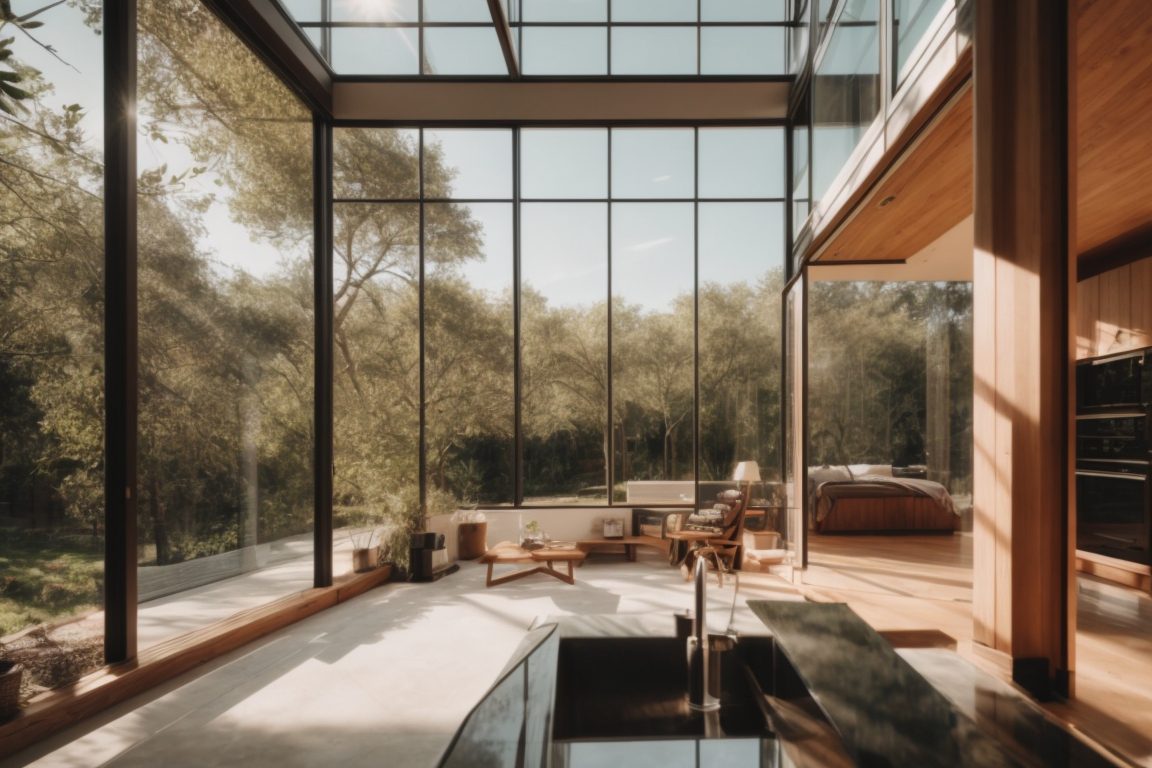 modern home with low-e glass windows reflecting sunlight