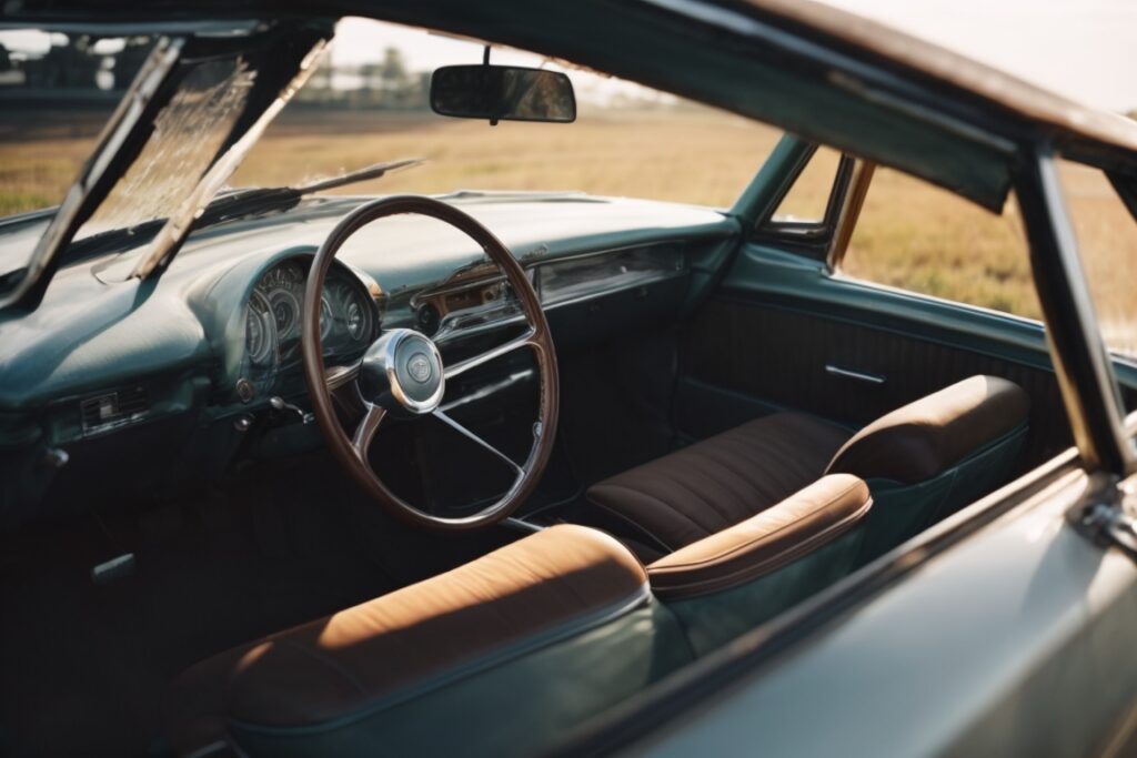 Car interior fading under intense sunlight with cracked dashboard and seats