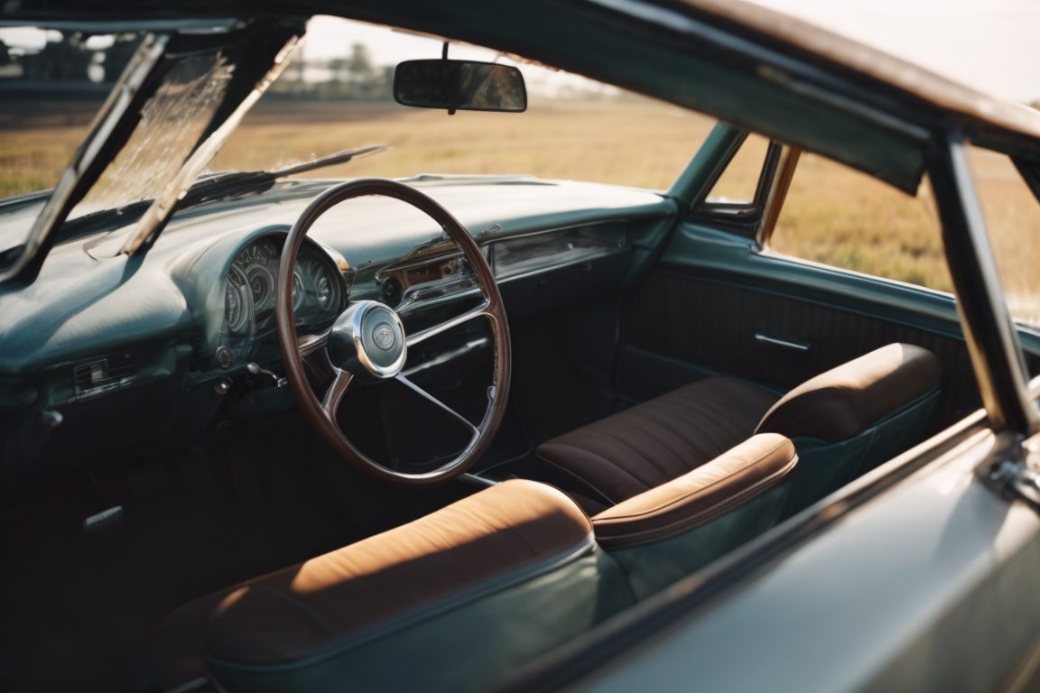 Car interior fading under intense sunlight with cracked dashboard and seats