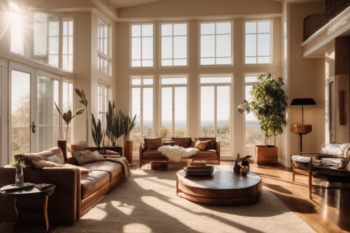 sunlit living room with tinted windows and comfortable furniture