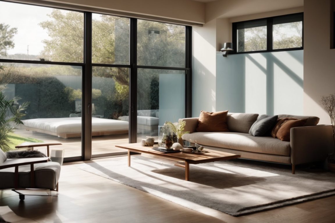 Modern home interior with opaque frosted window film, natural light filtering through, enhancing privacy in a stylish living room