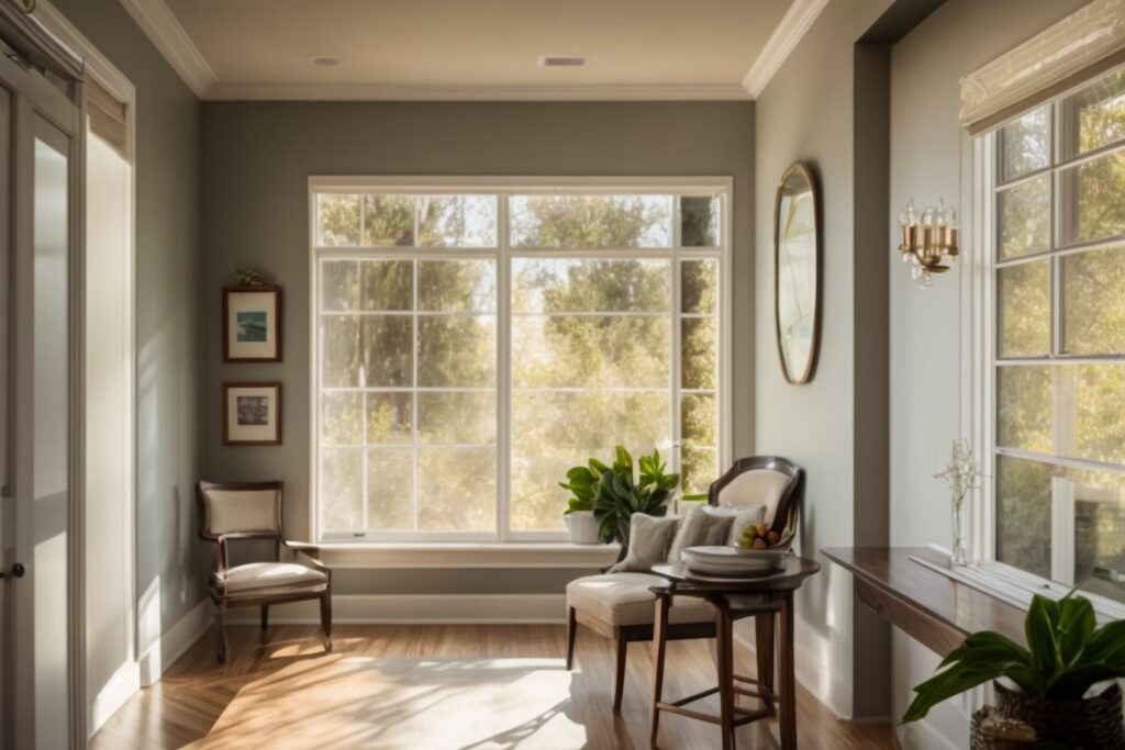 Sacramento home interior with frosted window films, soft sunlight filtering through, enhancing privacy and aesthetics