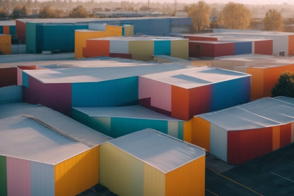 colorful vinyl wrapped building in Sacramento with visible moisture barrier