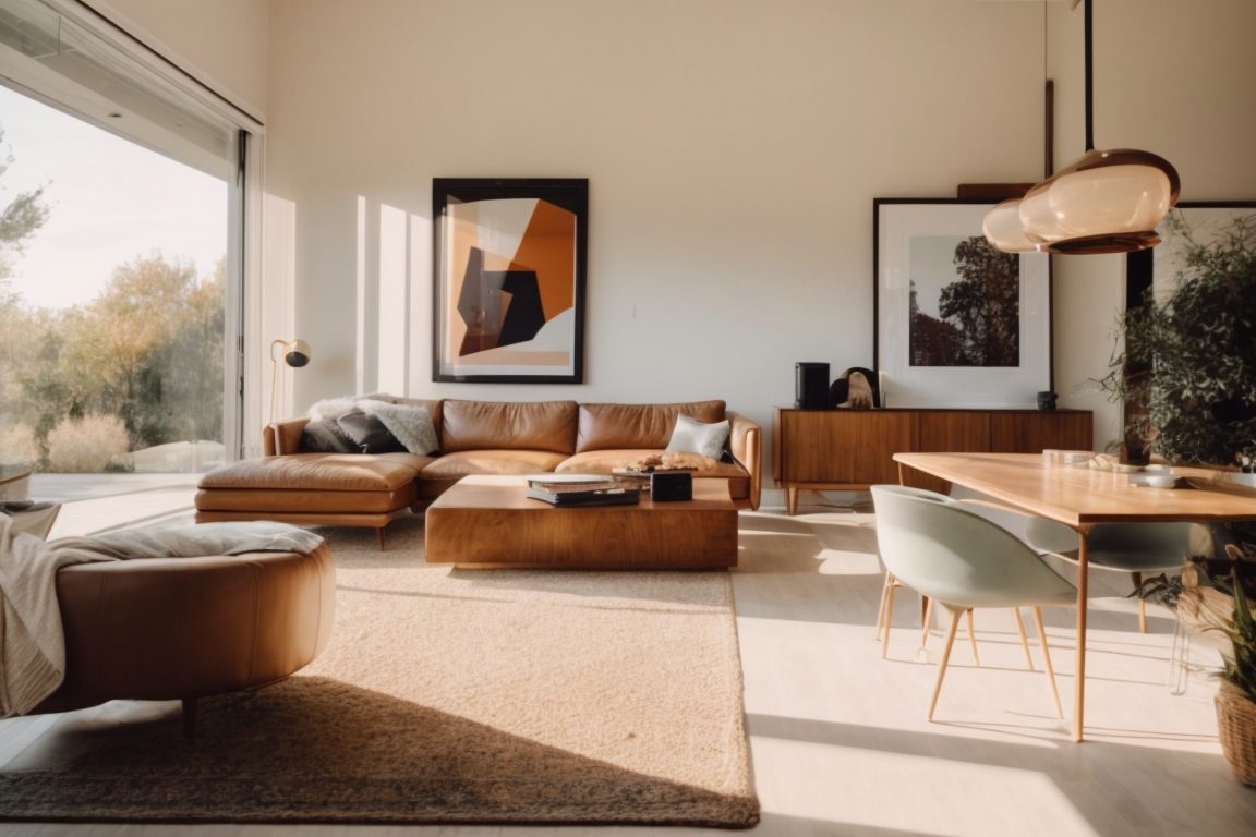 Modern home interior in Sacramento with visible window film reflecting sunlight