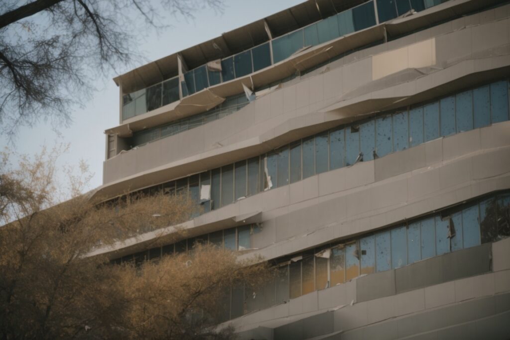 Sacramento office building with broken glass windows showing damage