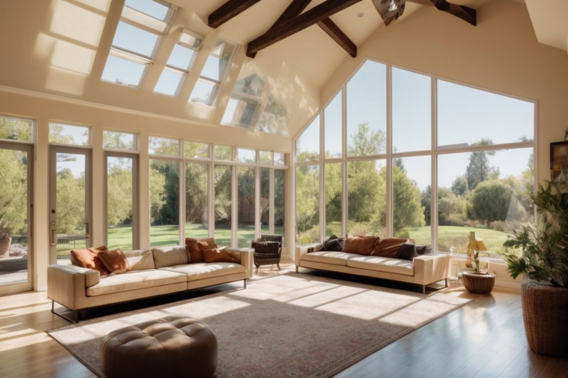 Interior of a Sacramento home showing UV protection window tinting on large sunny windows