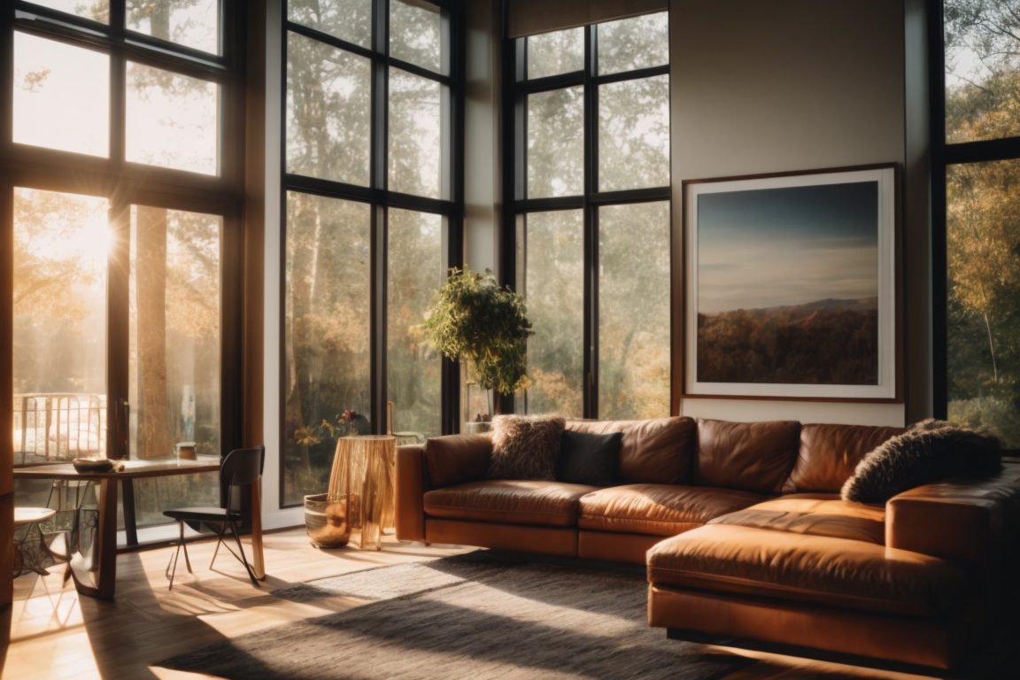 modern home interior with low-e glass windows reflecting sunlight